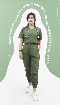 a woman standing in front of a green and white background with an image of a nurse