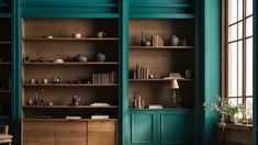 a living room filled with lots of wooden shelves