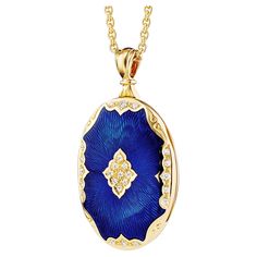 Victor Mayer oval locket pendant 18k yellow gold, electric blue vitreous enamel, 25 diamonds, total 0.19 ct, measurements app. 25.0 mm x 36.0 mm About the creator Victor Mayer Victor Mayer is internationally renowned for elegant timeless designs and unrivalled expertise in historic craftsmanship. Lovers of the extraordinary appreciate the beauty of Victor Mayer's designs, which use extremely rare techniques such as genuine enamel or elaborate engravings. Since 1890, the company has stood for the Enameled Jewelry, Diamond Locket, Vitreous Enamel, Oval Locket, Locket Pendant Necklace, Jewelry Boards, Blue Pin, Modern Necklaces, French Antique