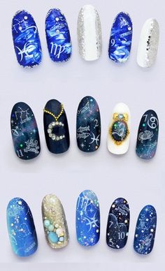 Water transfer decals. Seal it with top coat. Decorations on nail designs are not included. Use tweezers pick it up and slide the decal onto your nail. Peel off the clear protect sheet. Cut off the designs you want. | eBay! Astrological Nail Art, Zodiac Nails Designs Pisces, Pisces Constellation Nail Art, Zodiac Sign Nail Polish, Nail Art Zodiac Signs, Witch Nails, Nail Art Sticker, Beautiful Nail Polish, Nail Art Stickers Decals