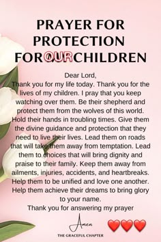 a prayer for protection for our children with flowers and hearts on a pink background that reads, thank you for protecting my children