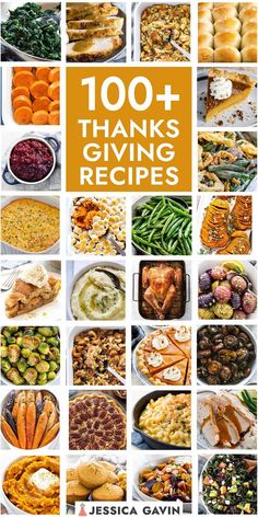 the cover of 100 + thanksgiving giving recipes, with pictures of different foods and vegetables