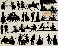 the silhouettes of people and animals are shown