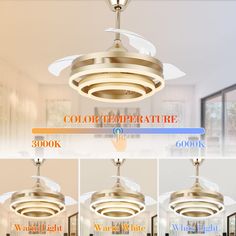 four different views of a ceiling fan with the words color temperature and 6000k