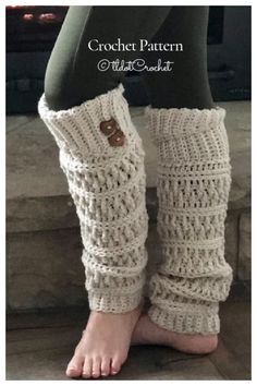 a woman's legs wearing crochet leg warmers with buttons on them