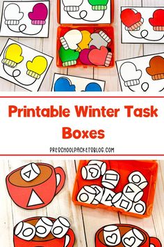 printable winter task boxes for kids to practice counting and matching numbers with their own hands