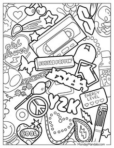 a coloring page with lots of different things in the background, including candy and candies