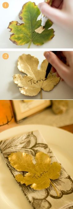 the process of making gold leaf napkins is shown in three different pictures, including one with