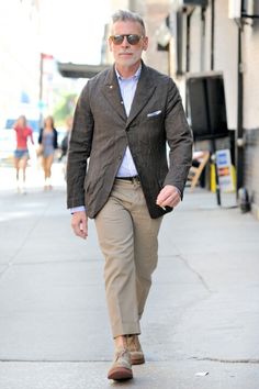 Nyfw Style, Charcoal Blazer, Vertical Striped Dress, Khaki Dress Pants, Light Violet, Silver Foxes, Khaki Trousers