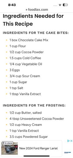 ingredients needed for the cake bites recipe displayed on an iphone screen, with text below