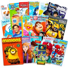 several children's magazines with cartoon characters on the front and back covers in different colors