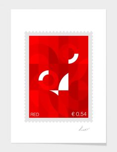 a red postage stamp with the letter e on it