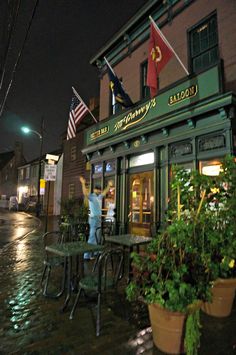 an outdoor restaurant with potted plants and flags on the roof, at night time