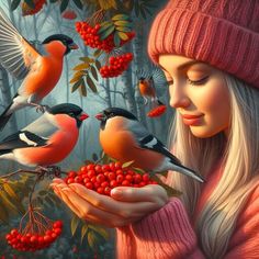 a painting of a girl holding berries and birds