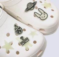 Bad Bunny glow in the dark shoe charms! Sold individually or in a set Bad Bunny Crocs, Glow Shoes, Bunny Shoes, Crocs Charms, Black Crocs, Crocs Men, Black Flip Flops, Deck Shoes, Decorated Shoes