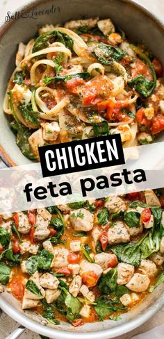 chicken feta pasta with spinach and tomatoes in a skillet