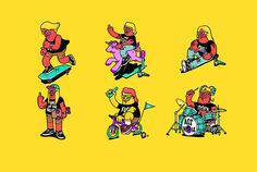 the simpsons characters are riding skateboards and having fun with each other on yellow background