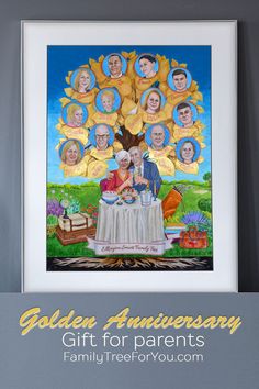 the golden anniversary gift for parents is displayed in front of a blue background with an image of family members