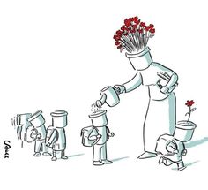 a drawing of a person with flowers on their head and two children holding buckets