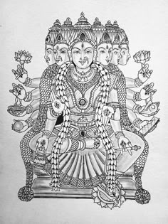 a drawing of lord ganesha sitting in front of four other men and women