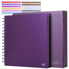 a purple notebook with different colored papers on top and bottom pages in the same color