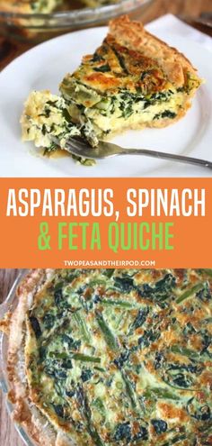 asparagus, spinach and feta quiche on a white plate with text overlay