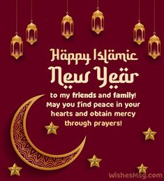 happy islamic new year greeting card with hanging lanterns and crescent moon on red background for friends and family, may you find peace in your hearts and obtain