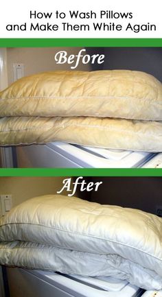 before and after pictures of pillows on top of an open refrigerator with the words, how to wash pillows and make them white again