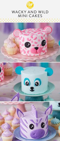 three different pictures of cupcakes and cakes with animal faces on the top one