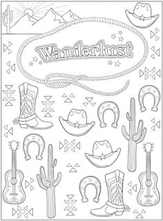 a coloring page with cowboy hats and guitars