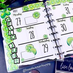 an open planner with limes on it