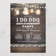 an old - fashioned bbq engagement party with mason jars and lights