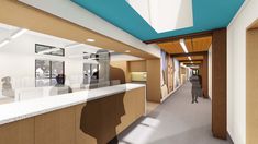 an artist's rendering of a long hallway in a building with blue ceiling and white counter tops