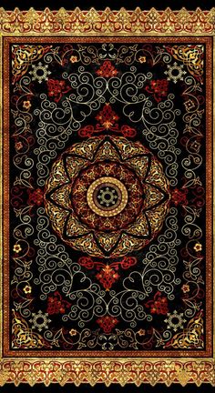 an intricately designed rug with gold and red accents on black ground, in the middle of