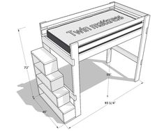 a drawing of a desk with drawers and the words twin mattresss on it's side