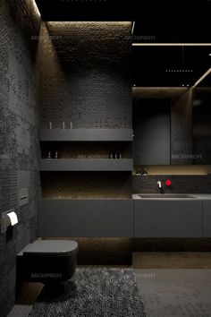 a modern bathroom with black and white decor