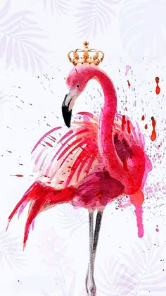 a pink flamingo with a crown on it's head standing in front of a white background