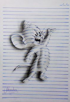 a drawing of a cat on lined paper with lines in the bottom and bottom corner