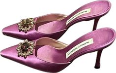 Rare Fuchsia Vintage Manolo Blahnik Satin Mules with crystal buckle/pendant Low ~2” heel Worn extremely lightly twiceLate 1990s, early 2000sSome discoloration from age on inside sole (pictured) but can be cleaned. Manolo Blahnik Pink, Manolo Blahnik Sandals, Jimmy Choo Heels