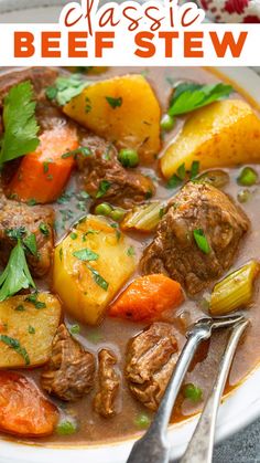 beef stew in a bowl with carrots, potatoes and parsley on the side