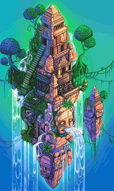 an illustration of a tower with plants growing out of it's sides and water running down the side