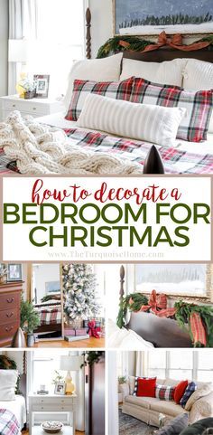 a bedroom decorated for christmas with plaid pillows and blankets