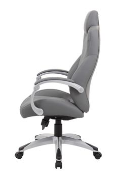 an office chair with grey leather upholstered back and armrests, viewed from the front