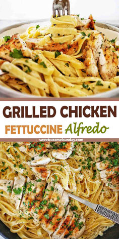 Fork being twirled in plate of chicken alfredo with fettuccine pasta. There is text written between 2 image.s. Grilled Chicken Fettuccine Alfredo, Grilled Chicken Alfredo Pasta, Pasta With Grilled Chicken, Fettucini Alfredo Recipe, Grilled Chicken Alfredo, Chicken Alfredo Fettuccine Recipe, Pasta Creamy, Easy Pasta Recipe