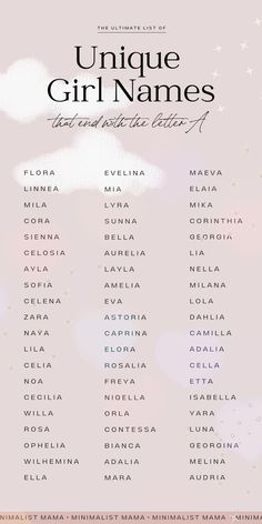 the poster for unique girl names, which are written in black and white on a pink background