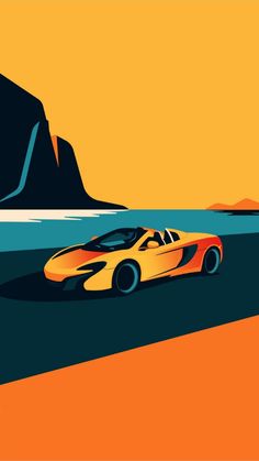 an orange sports car is driving on the road near some mountains and water, with a yellow sky in the background