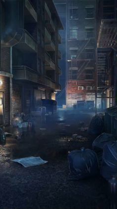 an image of a city at night with the lights on and garbage bags in the foreground