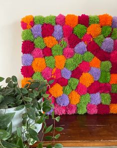 a colorful wall hanging made out of pom - poms next to a potted plant