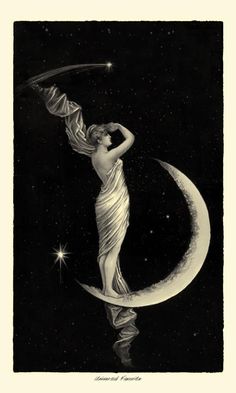 a woman is standing on the moon with her hands behind her head and holding a wand