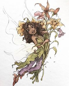 a drawing of a girl with flowers in her hair and wings flying through the air